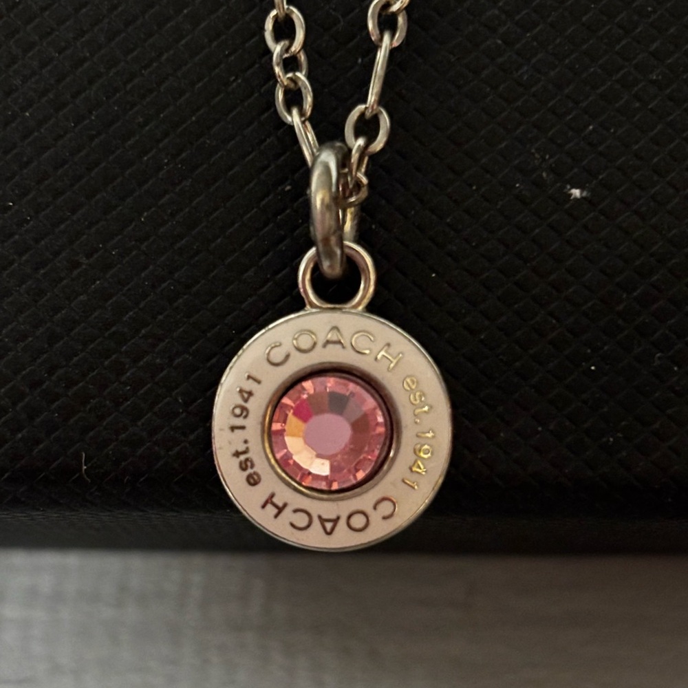 Coach Silver Necklace- White “COACH” Charm with Pink Rhinestone Center - Picture 8 of 8